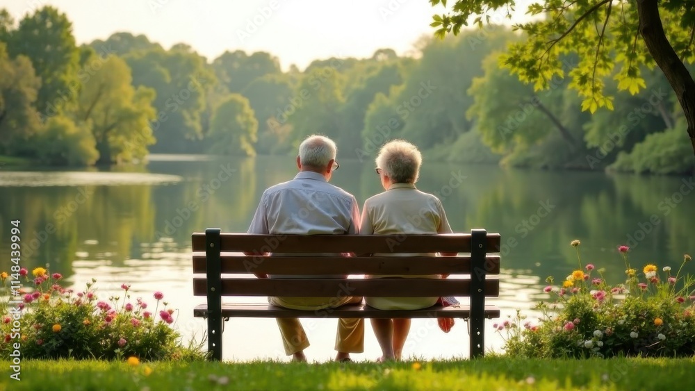 Elderly couple enjoying a peaceful moment by the lake surrounded by nature in the late afternoon sunlight Elderly couple enjoying a peaceful moment by the lake surrounded by nature in the late afternoon sunlight