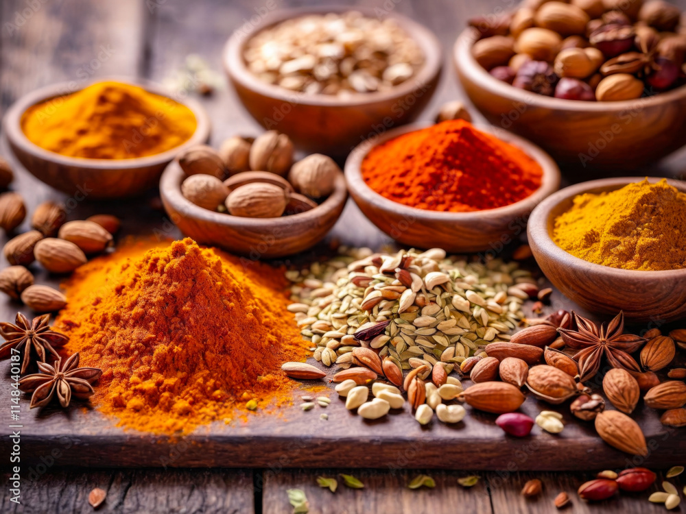 Aromatic Spices and Nuts on Wooden Board Aromatic Spices and Nuts on Wooden Board
