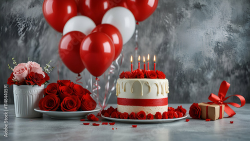 Cake with a red candlecake with a red candlebirthday cake with candles and red rose bokhey
 photo