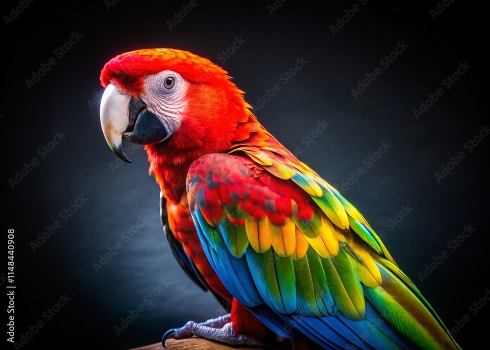 Naklejka premium Vibrant Red-Headed Parrot, Colorful Bird, Candid Photography, Black Background, Exotic Bird Photo