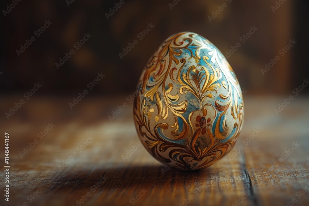 Intricate Egg on Rustic Wooden Surface Intricate Egg on Rustic Wooden Surface