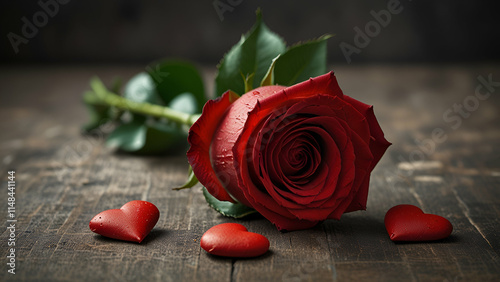 Beautiful red rose with small hearts on grey textured background