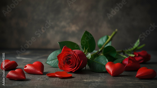 Beautiful red rose with small hearts on grey textured background