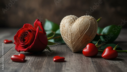 Beautiful red rose with small hearts on grey textured background