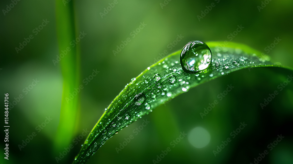 Macro shot of a fresh water droplet resting on a green grass blade, with a soft-focus background. Macro shot of a fresh water droplet resting on a green grass blade, with a soft-focus background.