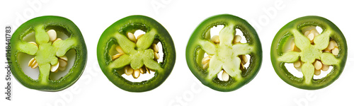 set of round Jalapeno Pepper slices isolated on transparent or white background, top view, PNG