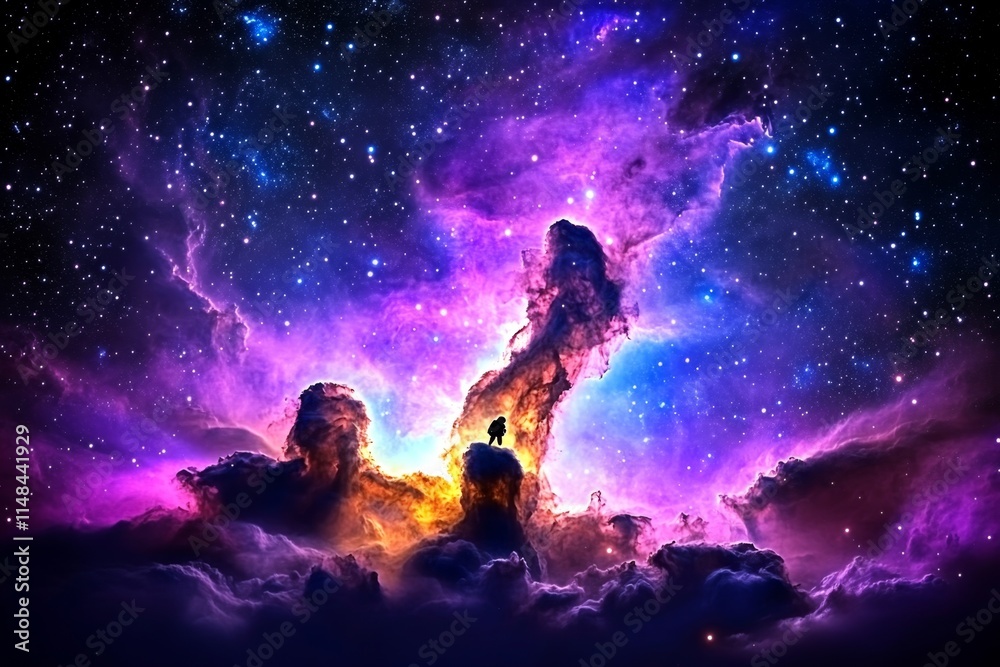 Obraz premium A lone astronaut floating in space, gazing at a breathtaking galaxy glowing with vibrant hues of purple and gold