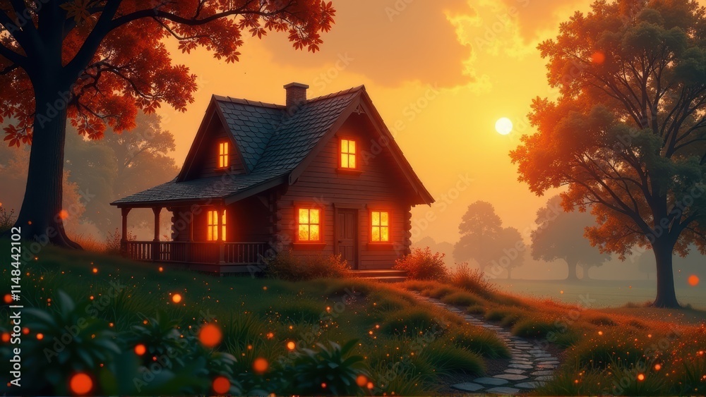 A cozy log cabin nestled in a tranquil autumn forest at sunset