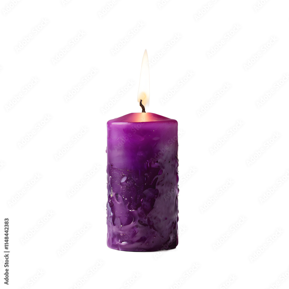 Burning purple candle isolated on transparent background.