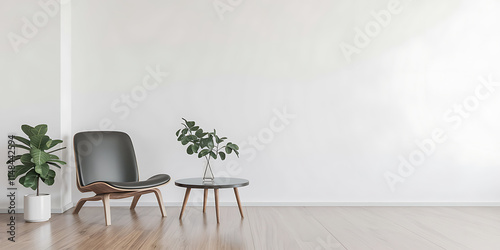 A minimalist design with clean lines and uncluttered spaces of a room with a chair, a table, and a plant