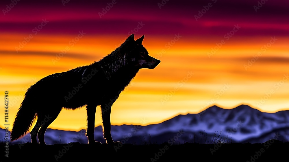 Wolf silhouette on sunset. Wolf silhouette on sunset.