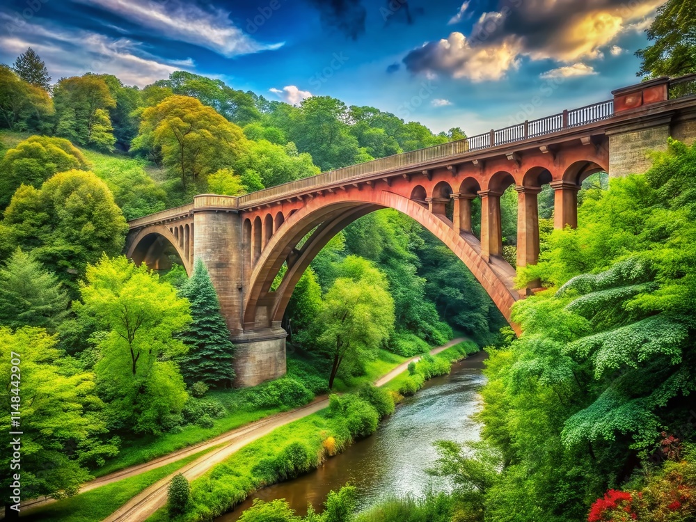 Fototapeta premium Vintage & Modern Bridges: Concrete & Brick Architecture, Lush Greenery, Retro Photography