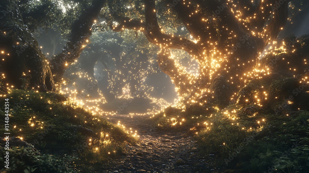 Fototapeta premium Illuminated path through forest.