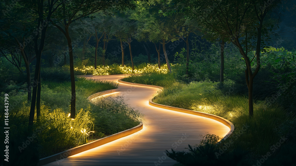 Obraz premium A minimalist eco-park where pathways glow faintly from solar-powered embedded lights, framed by soft shadows and natural greenery