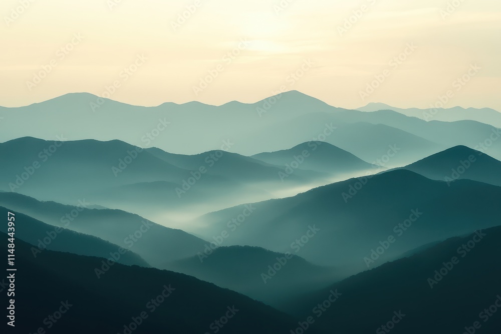 Misty mountains at sunrise, layers of blue-green hues. Perfect for serenity, nature, travel, or calming themes. Misty mountains at sunrise, layers of blue-green hues. Perfect for serenity, nature, travel, or calming themes.