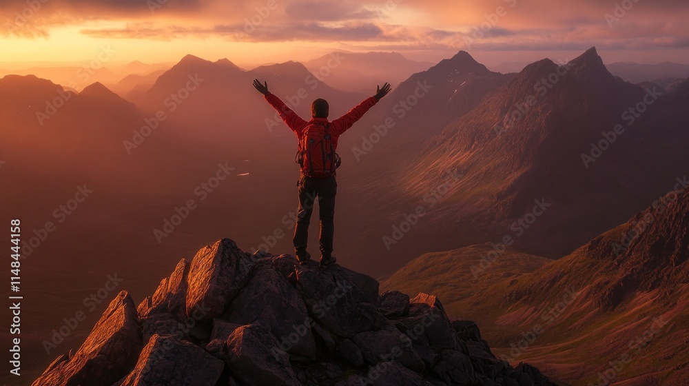 Hiker celebrates sunset atop majestic mountain peak.