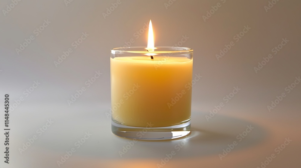 A serene yellow candle glowing softly in a glass holder. A serene yellow candle glowing softly in a glass holder.