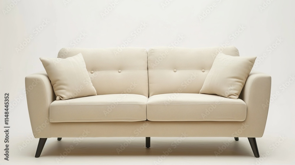 Modern beige sofa with cushions on a light background. Modern beige sofa with cushions on a light background.