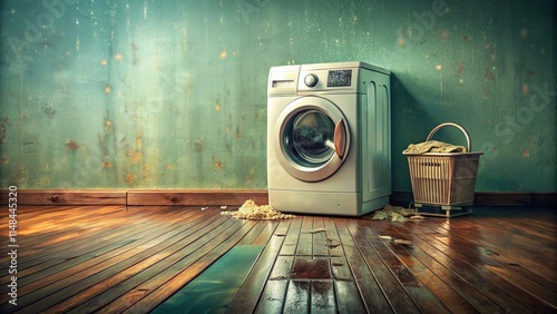 Vintage Broken Washing Machine Flood Water Damage Repair Home Appliance Laundry Room Disaster photo