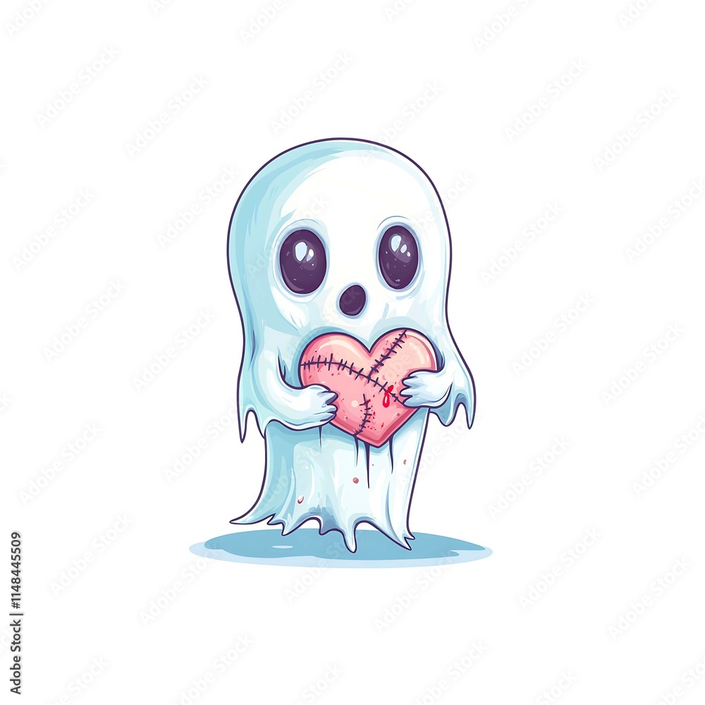 Fototapeta premium A little ghost holds a red heart with wrinkles and wounds.