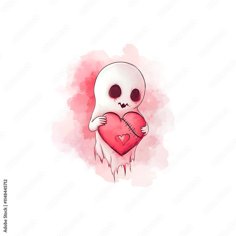 A little ghost holds a red heart with wrinkles and wounds. A little ghost holds a red heart with wrinkles and wounds.