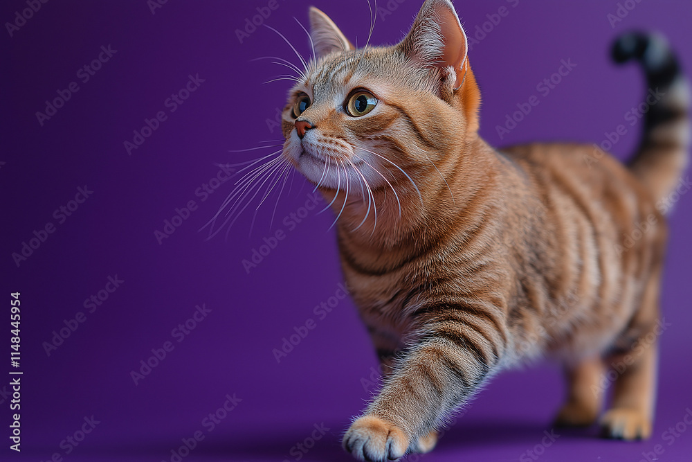 Obraz premium Playful tabby cat walking studio setting animal photography purple background close-up view