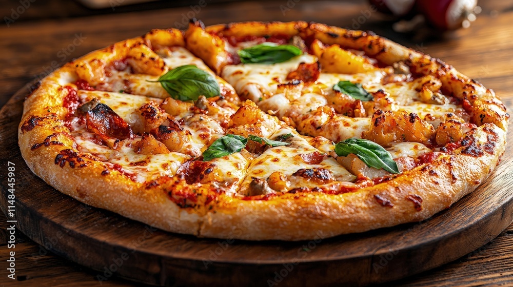 Delicious, cheesy pizza with basil on a wooden board. Delicious, cheesy pizza with basil on a wooden board.