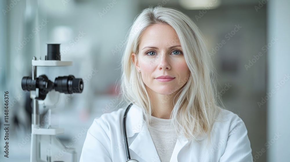 Confident female doctor in lab coat, arms crossed, standing near a microscope. Confident female doctor in lab coat, arms crossed, standing near a microscope.