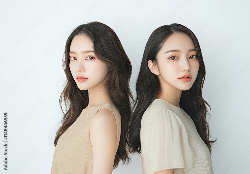 wo beautiful Asian women, posing for skin care product advertising wo beautiful Asian women, posing for skin care product advertising