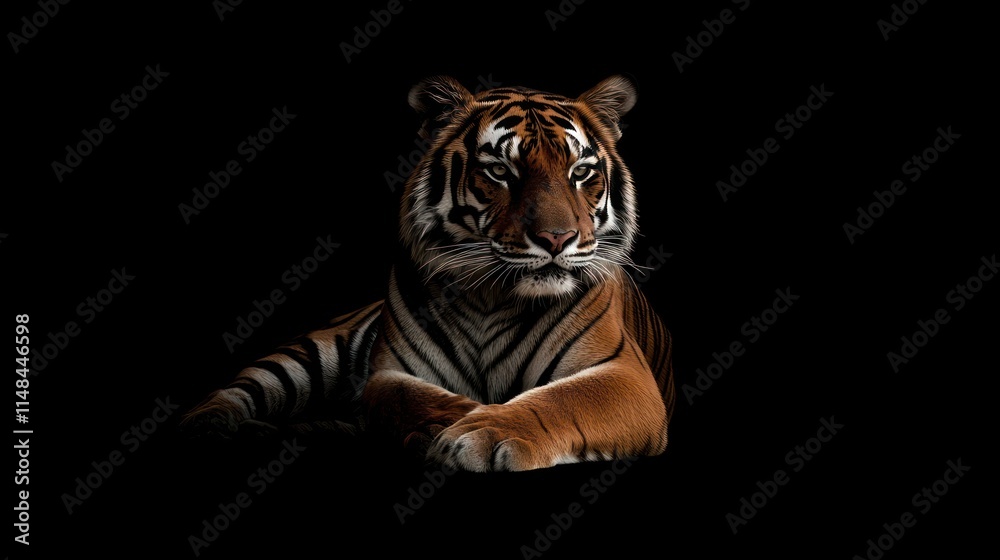 Obraz premium Majestic tiger resting on black background.