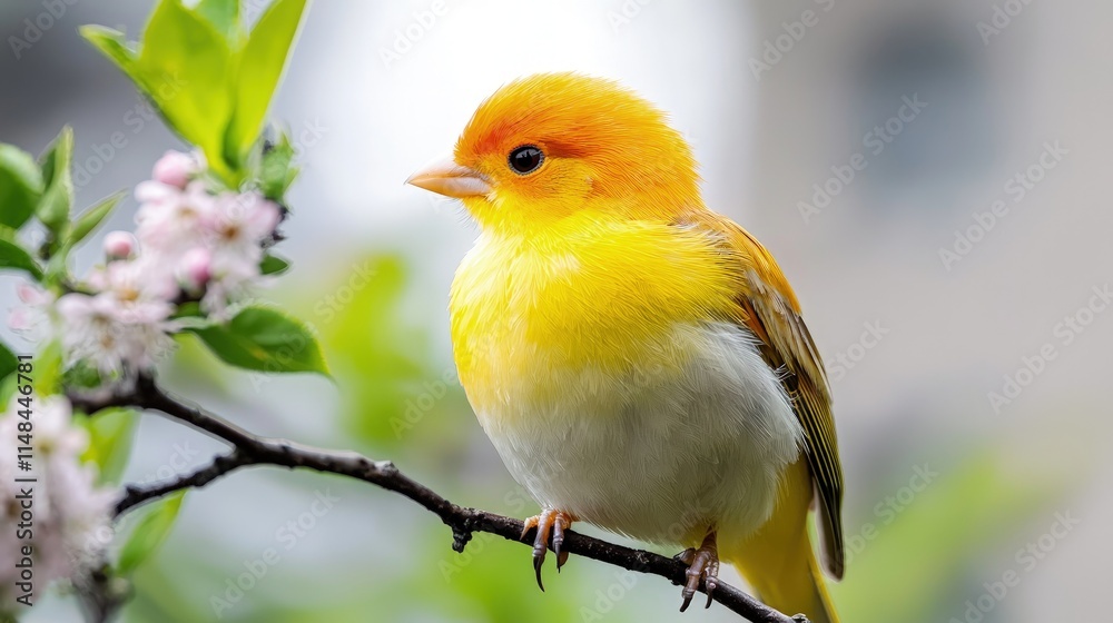Small yellow bird perched on a blossoming branch. Small yellow bird perched on a blossoming branch.