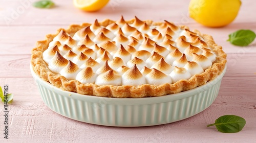 Delicious lemon meringue pie with meringue topping in a pastel green dish on a pink wooden background.