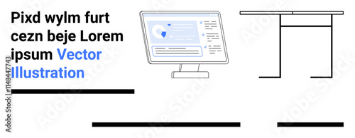 Office desk setup with a monitor displaying a data dashboard, placeholder text, and blue elements. Ideal for work environments, home office, business, technology blogs, educational tools