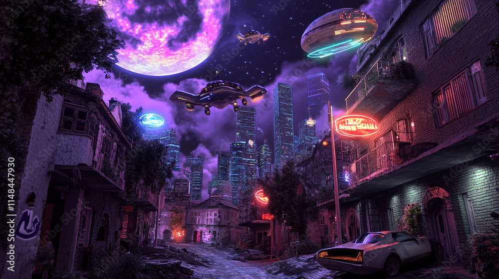 Futuristic cityscape at night with neon lights and flying vehicles in a bustling urban environment Futuristic cityscape at night with neon lights and flying vehicles in a bustling urban environment
