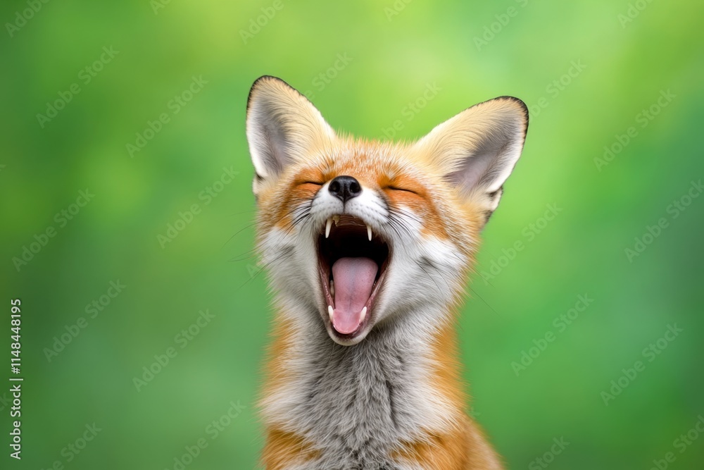 Fototapeta premium A sleepy fox yawning widely while lounging in a sunlit patch of grass