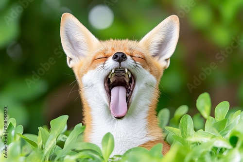 A sleepy fox yawning widely while lounging in a sunlit patch of grass