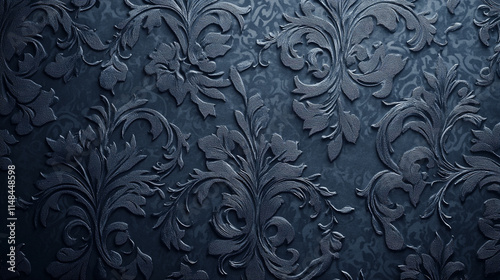 Elegant dark patterned wallpaper showcases intricate floral designs and textured details in a sophisticated setting