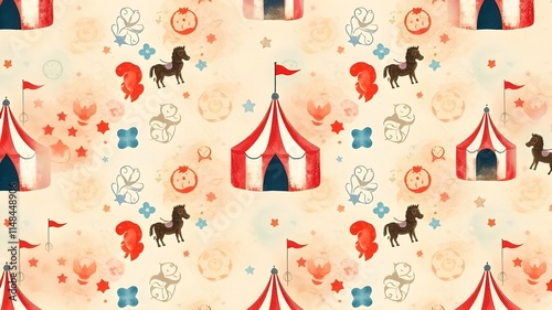 Watercolor hand drawn grunge circus vintage seamless pattern. Illustration of retro and vintage old circus background, elegant titles, grunge texture. Fun party. Circus show. Decor for children's room