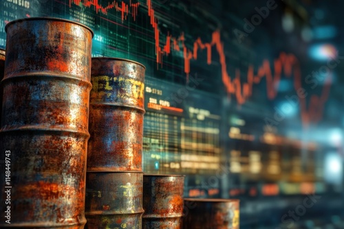 Rusty oil barrels stacked against a stock market graph backdrop. Illustrates oil price volatility and market fluctuations.