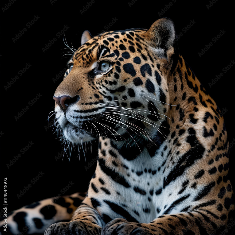 Obraz premium Majestic Leopard Portrait Against Black Background - Stunning Wildlife Photography of Big Cat with Striking Spots and Vibrant Eyes