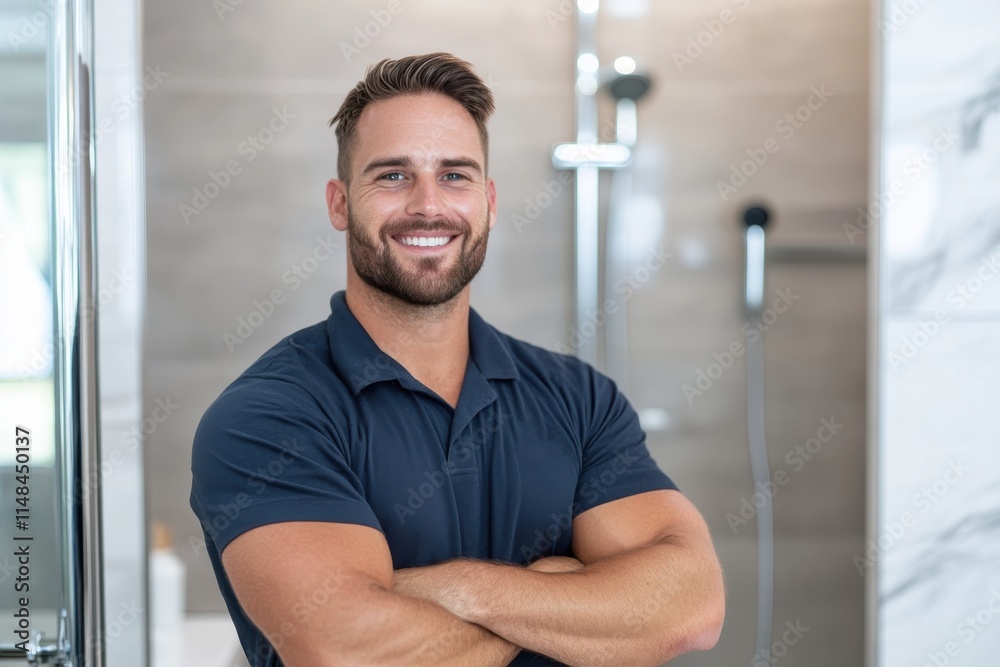 A smiling man stands confidently in a stylish bathroom, showcasing a positive atmosphere of personal care and modern lifestyle in a contemporary setting. A smiling man stands confidently in a stylish bathroom, showcasing a positive atmosphere of personal care and modern lifestyle in a contemporary setting.