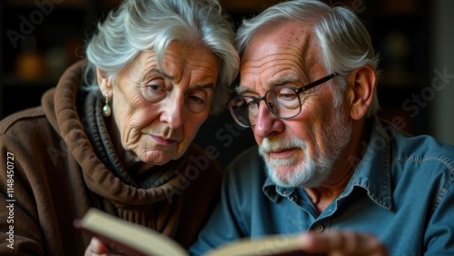 Elderly couple enjoys reading together indoors during a cozy afternoon in a warm, welcoming environment photo