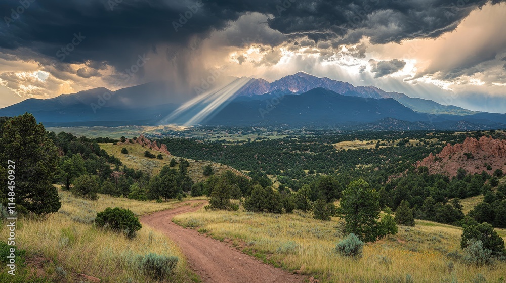 Obraz premium Dramatic Mountain Landscape with Rays of Sunlight Shining Down