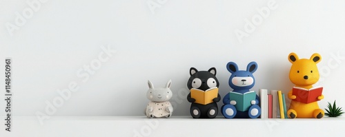 Colorful animal figurines sit on a shelf next to books, creating a playful and whimsical decor for a child's room or a cozy reading nook.