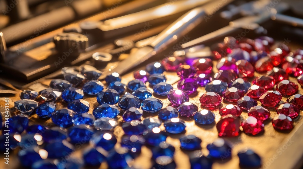 Colorful Gems and Tools on Wooden Surface in Craft Workshop Colorful Gems and Tools on Wooden Surface in Craft Workshop