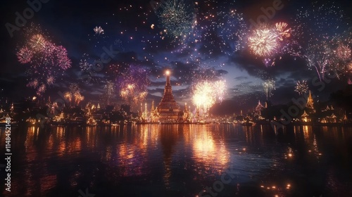 A festive night scene with Wat Arun bathed in golden light, framed by vivid fireworks lighting up the Bangkok skyline.