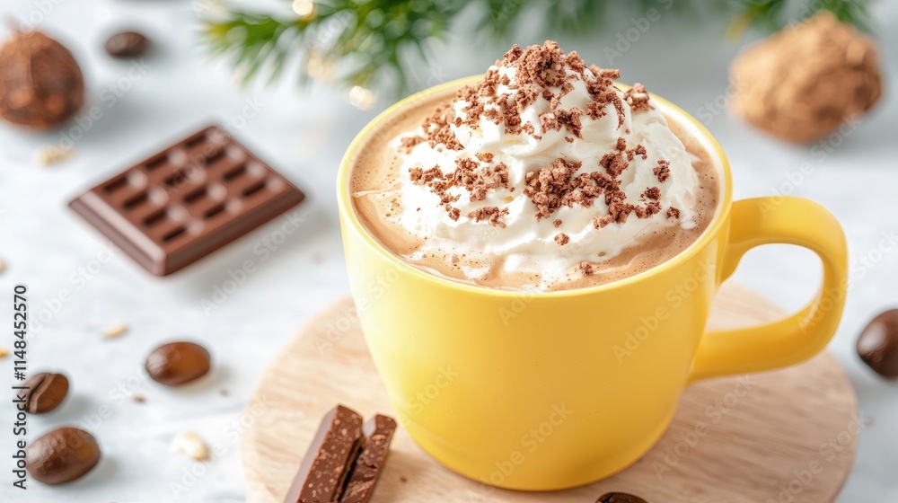 Yellow mug of coffee with whipped cream and chocolate topping. Yellow mug of coffee with whipped cream and chocolate topping.