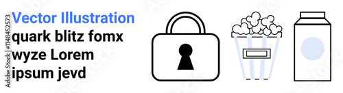 Text with a padlock, popcorn, and milk carton. Ideal for security, food services, movie night, digital privacy, snack time refreshments marketing. Landing page