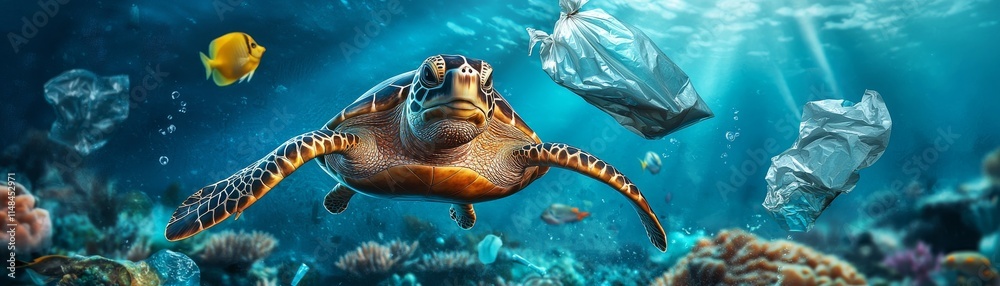 Fototapeta premium Plastic Pollution in Underwater Ecosystem: Devastating Effects on Marine Life, Detailed Realistic Scene of Environmental Harm