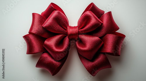 Shiny red gift bow with intricate folds, isolated on black background, holiday elegance photo